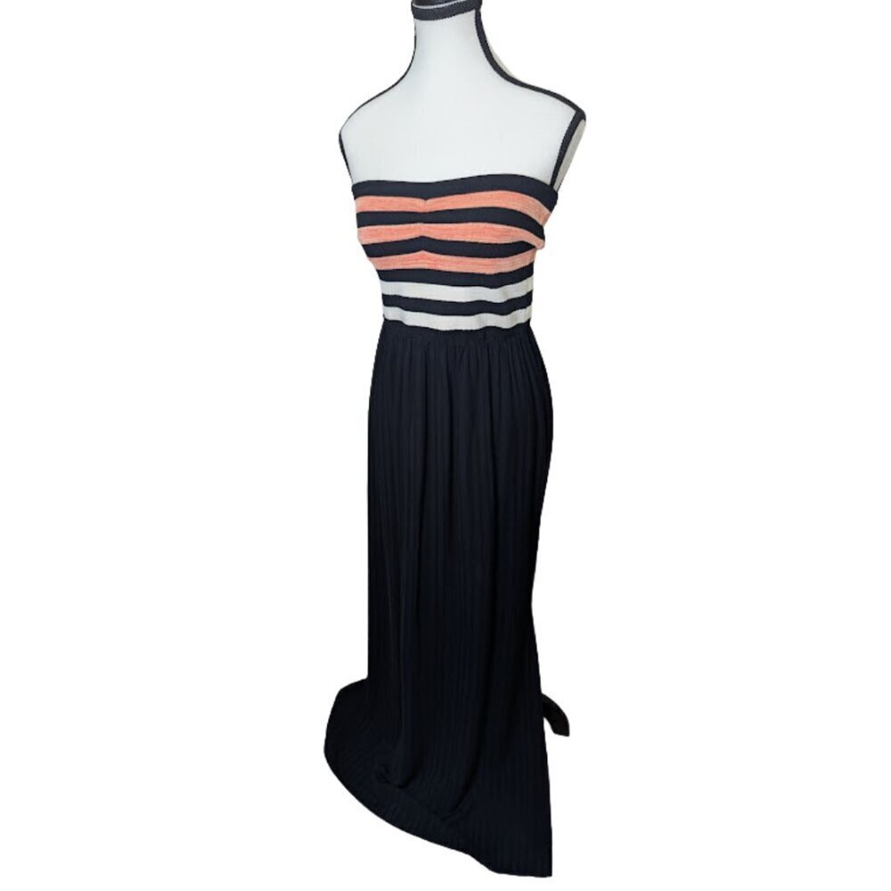 Rachel Roy Strapless Maxi Dress Black Coral Stripe Bodice Pleated Skirt *SZ M